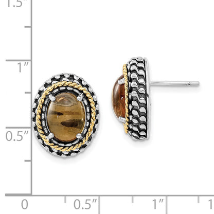 14K/Silver Two Tone Sterling Silver 14K Polished & Antiqued Oval Citrine Post Earrings