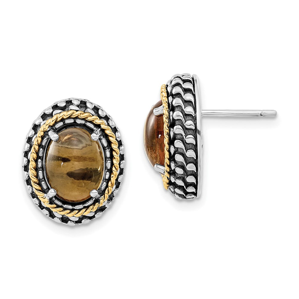 14K/Silver Two Tone Sterling Silver 14K Polished & Antiqued Oval Citrine Post Earrings