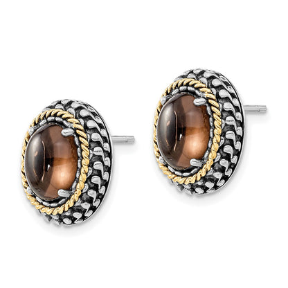 14K/Silver Two Tone Sterling Silver 14K Polished & Antiqued Oval Smoky Quartz Post Earrings