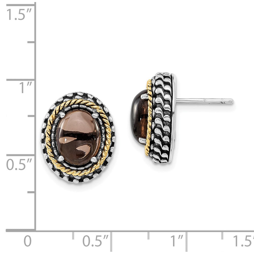 14K/Silver Two Tone Sterling Silver 14K Polished & Antiqued Oval Smoky Quartz Post Earrings