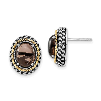 14K/Silver Two Tone Sterling Silver 14K Polished & Antiqued Oval Smoky Quartz Post Earrings