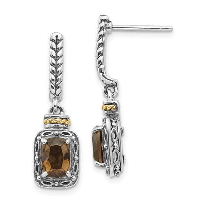14K/Silver Two Tone Shey Couture Sterling Silver With 14K Accent Antiqued Cushion Smoky Quartz Post Dangle Earrings