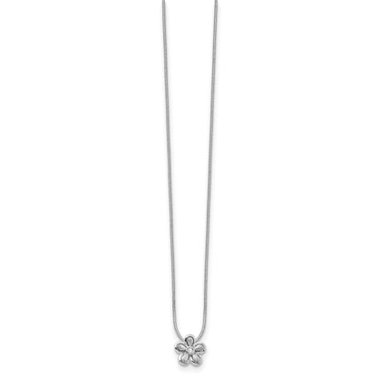 Sterling Silver White Ice Rhodium Plated Satin And Polished 18 Inch Diamond Flower Necklace With 2 Extender