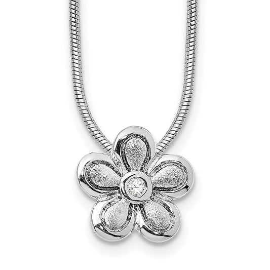 Sterling Silver White Ice Rhodium Plated Satin And Polished 18 Inch Diamond Flower Necklace With 2 Extender