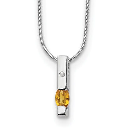 Sterling Silver Rhodium Plated White Ice .02ct. Dia. & Citrine w/2IN Ext Necklac