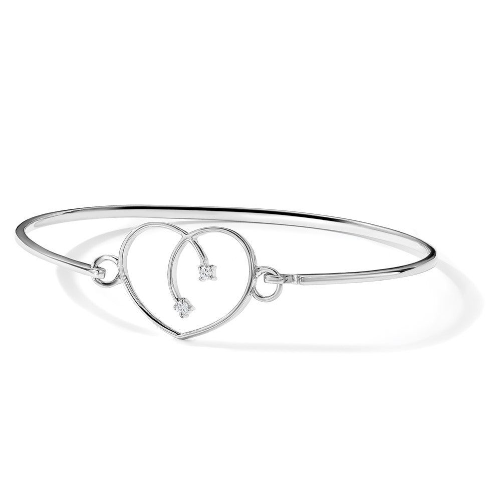 Sterling Silver White Ice Rhodium-Plated Diamond Heart Bangle