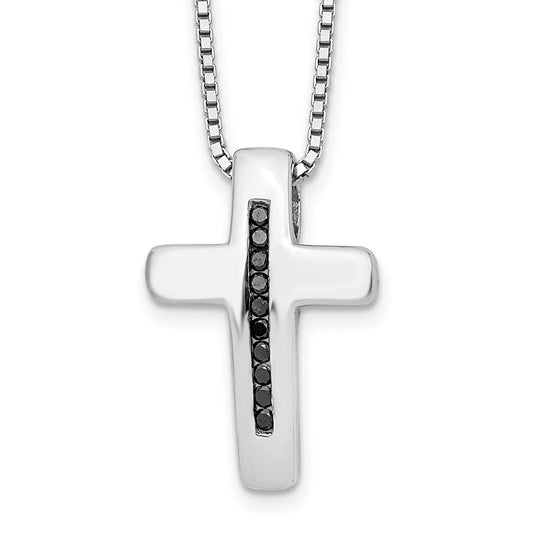 Sterling Silver White Ice Rhodium-Plated 18 Inch Black Diamond Cross Necklace With 2 Extender