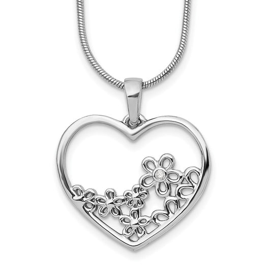 Sterling Silver White Ice Rhodium-Plated Diamond 18 Inch Heart With Flower Center Necklace 2 Extender