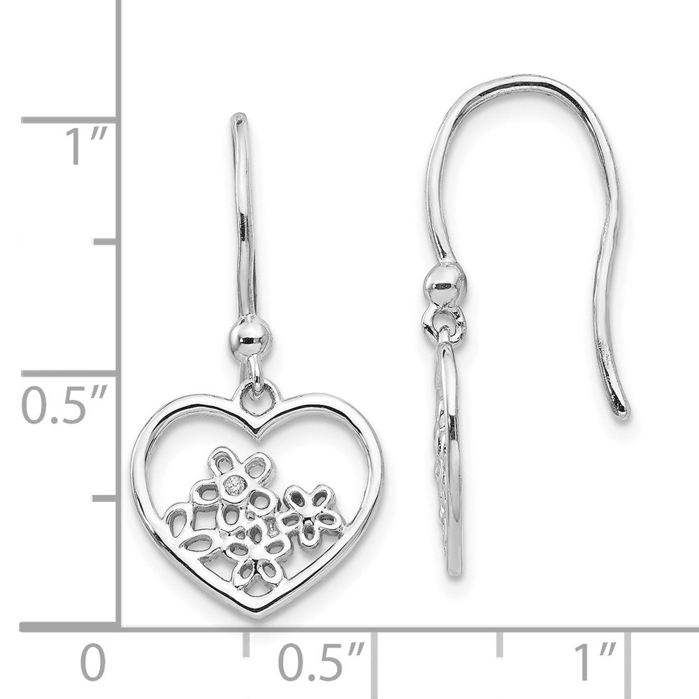 White Ice Sterling Silver Rhodium-plated Heart with Flower Diamond Shepherd Hook Dangle Earrings