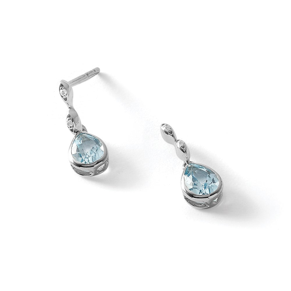 White Ice Sterling Silver Rhodium-plated Blue Topaz and Diamond Post Dangle Teardrop Earrings