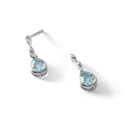White Ice Sterling Silver Rhodium-plated Blue Topaz and Diamond Post Dangle Teardrop Earrings