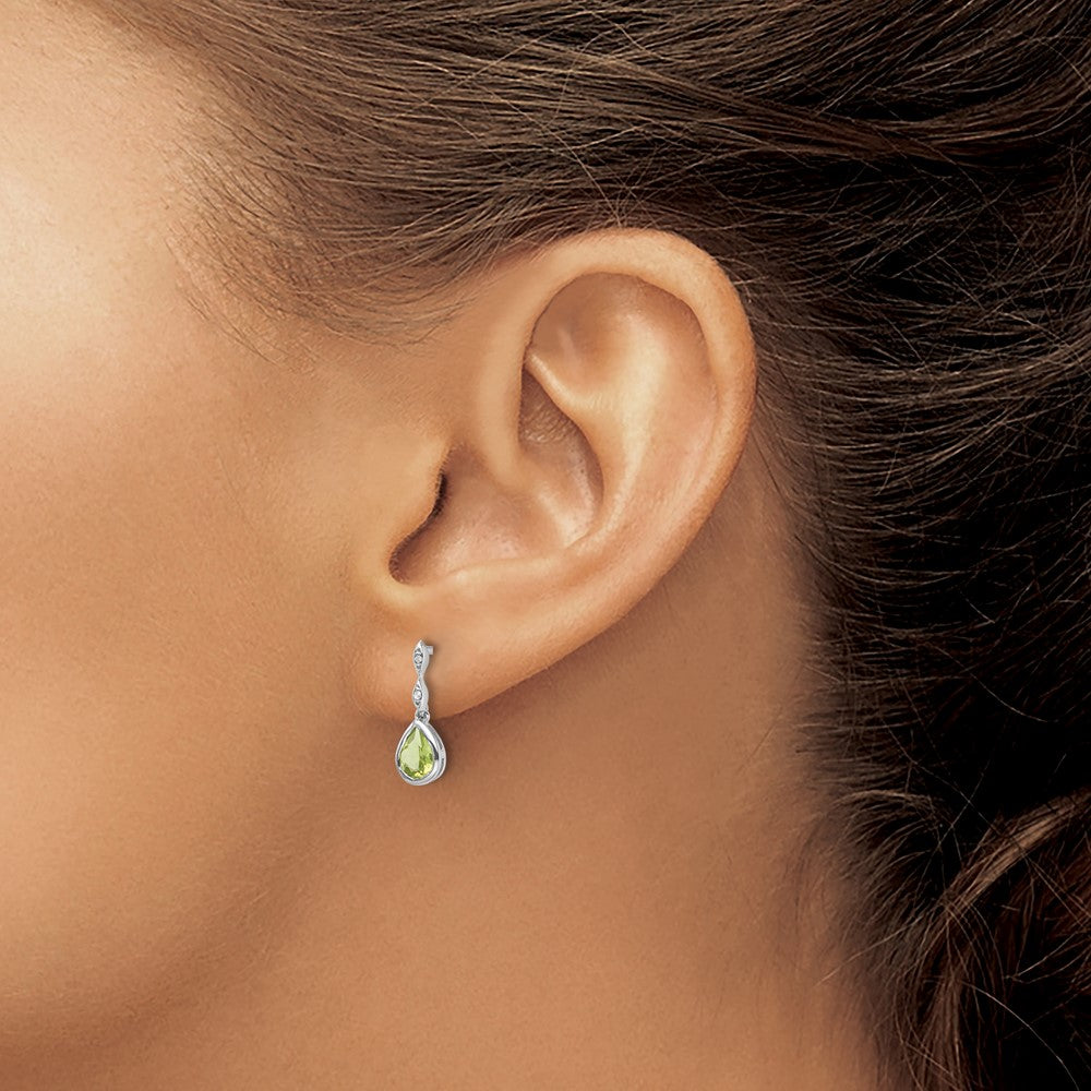 Sterling Silver Rhodium Plated White Ice .01 Ct. Diamond and Peridot Post Earrings