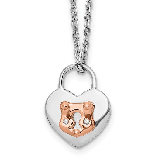 Sterling Silver White Ice Rhodium-Plated Rose-Tone 18 Inch Diamond Heart Necklace With 2 Extender