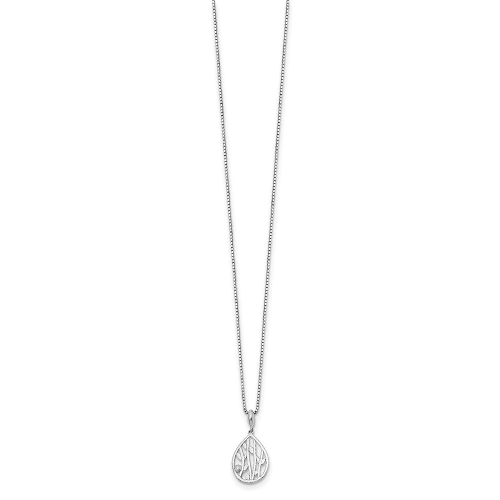 Sterling Silver White Ice Rhodium-Plated 18 Inch Diamond Leaf Pendant Necklace With 2 Extender