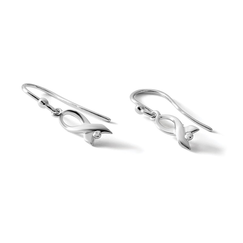 Sterling Silver White Ice Rhodium-Plated Diamond Awareness Ribbon Dangle Earrings