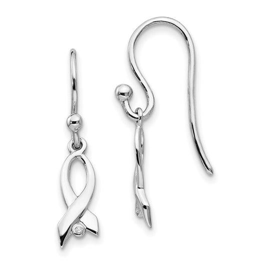Sterling Silver White Ice Rhodium-Plated Diamond Awareness Ribbon Dangle Earrings