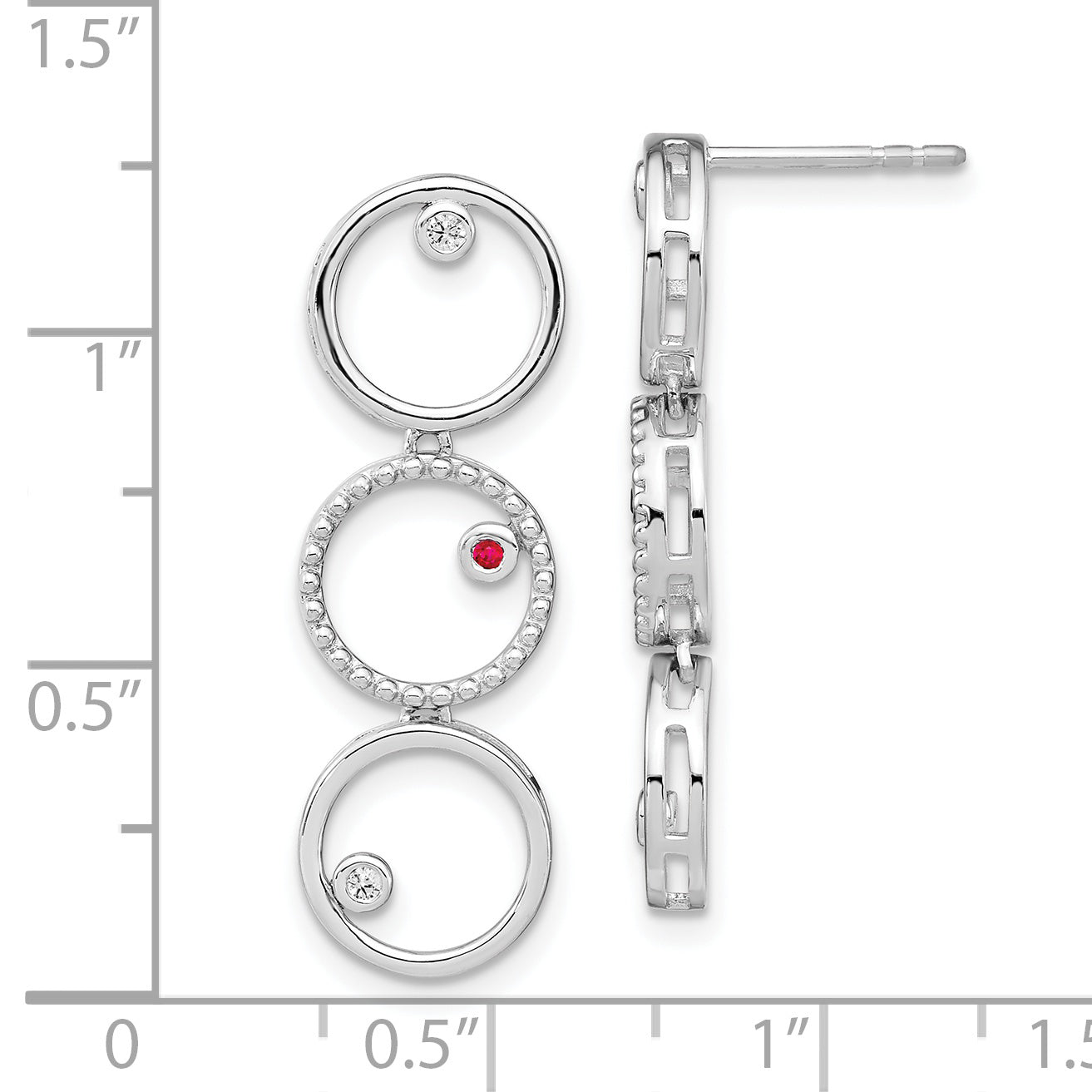 Sterling Silver White Ice Rhodium-Plated Diamond And Ruby Post Drop Earrings