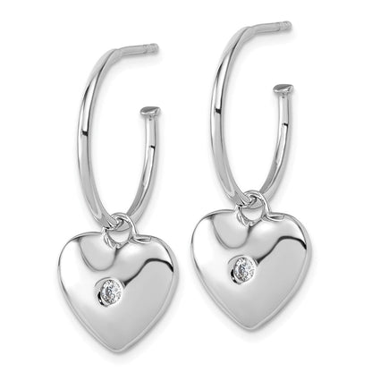 Sterling Silver Rhodium Plated White Ice .01 Diamond Heart Post C-Hoop Earrings