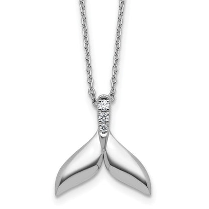 Sterling Silver Rhodium Plated White Ice .08 Diamond Whale Tail w/2in Ext. Necklace