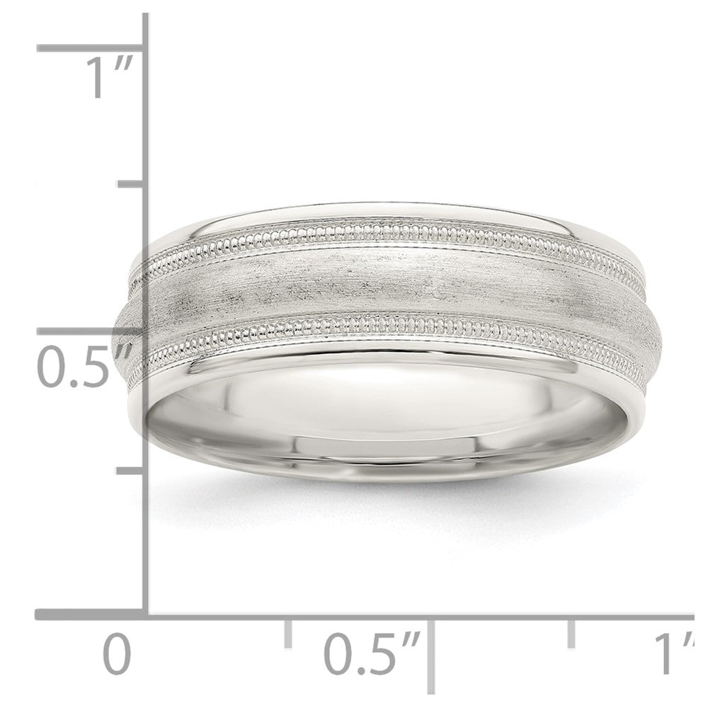 Sterling Silver 7mm Brushed Domed Double Milgrain Fancy Band