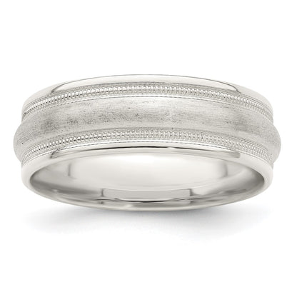 Sterling Silver 7mm Brushed Domed Double Milgrain Fancy Band