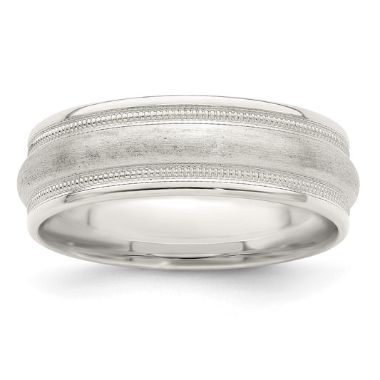 Sterling Silver 7mm Brushed Domed Double Milgrain Fancy Band