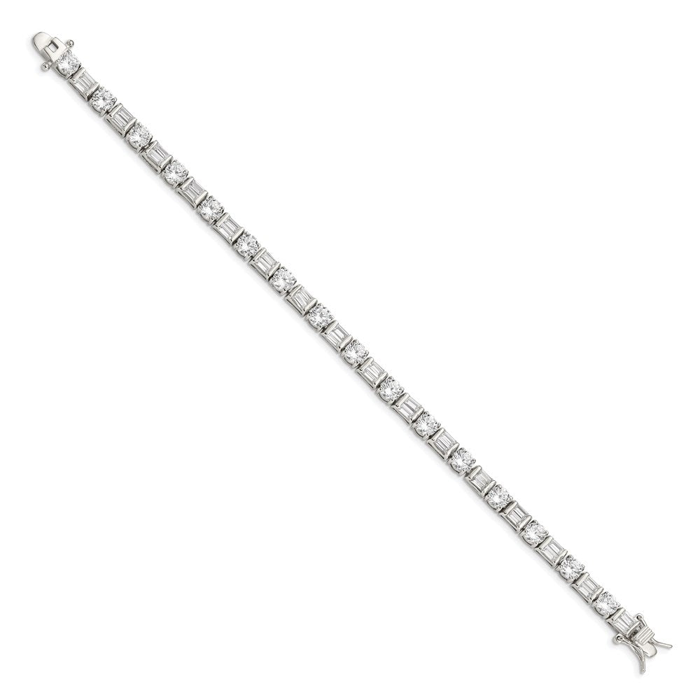 7.25 Inch Sterling Silver Rhodium-Plated Baguette And Round Cz Bracelet