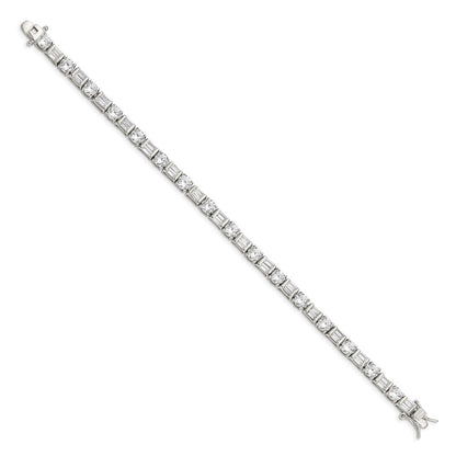7.25 Inch Sterling Silver Rhodium-Plated Baguette And Round Cz Bracelet