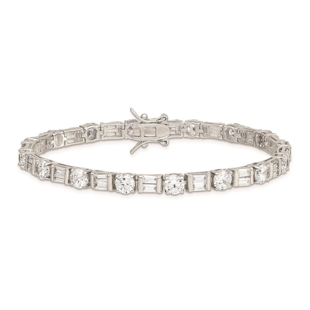 7.25 Inch Sterling Silver Rhodium-Plated Baguette And Round Cz Bracelet