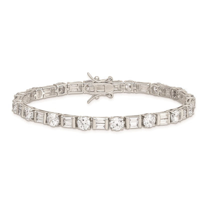 7.25 Inch Sterling Silver Rhodium-Plated Baguette And Round Cz Bracelet