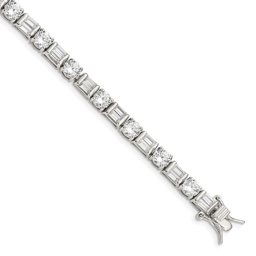 7.25 Inch Sterling Silver Rhodium-Plated Baguette And Round Cz Bracelet