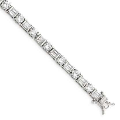 7.25 Inch Sterling Silver Rhodium-Plated Baguette And Round Cz Bracelet