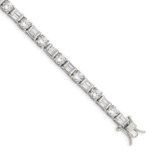 7.25 Inch Sterling Silver Rhodium-Plated Baguette And Round Cz Bracelet
