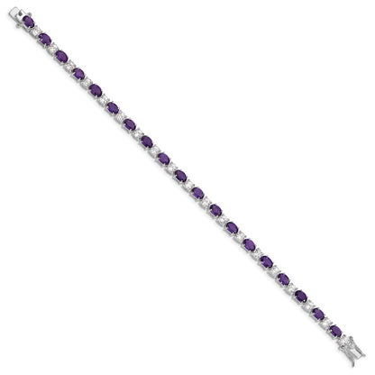7 Inch Sterling Silver Rhodium-Plated Amethyst & Cz Bracelet