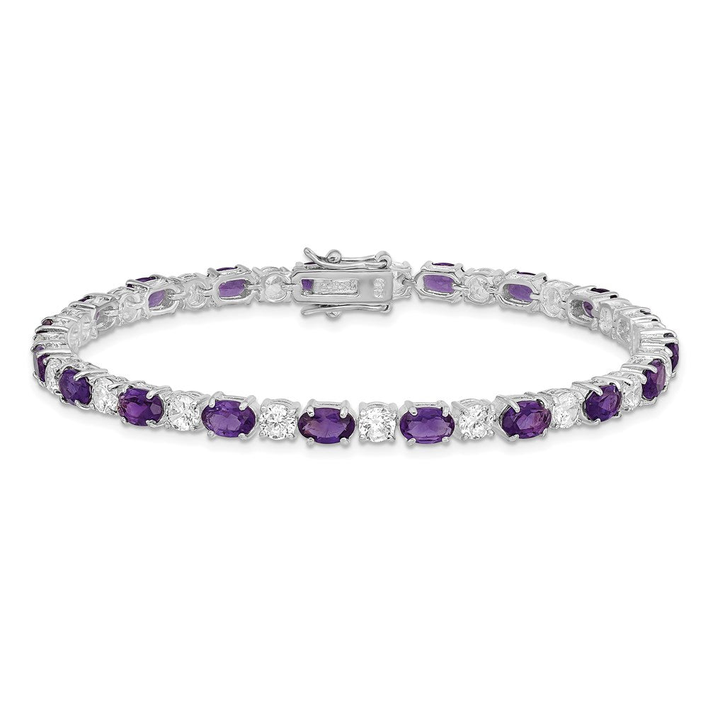 7 Inch Sterling Silver Rhodium-Plated Amethyst & Cz Bracelet