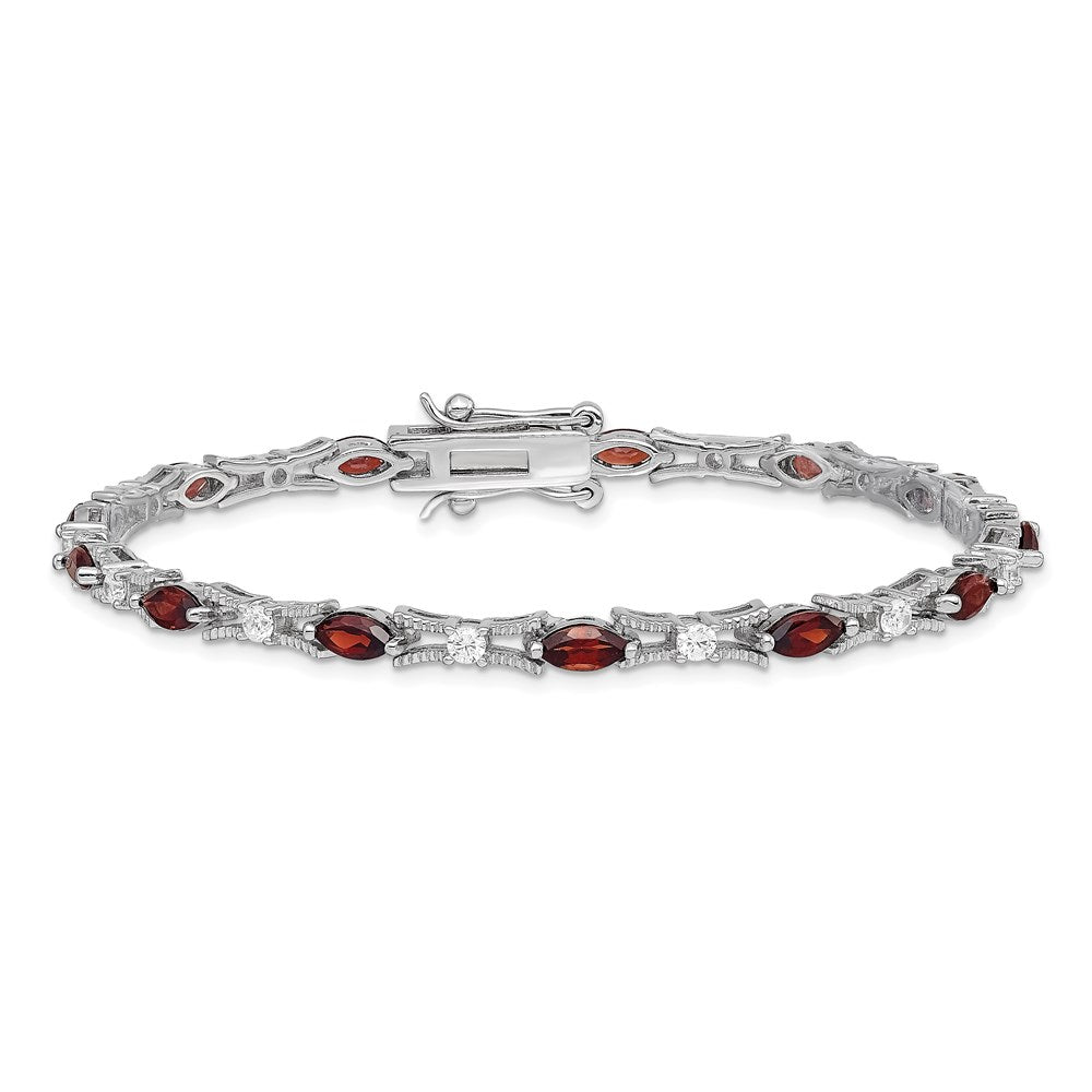 7 Inch Sterling Silver Rhodium-Plated Garnet And Cz Bracelet