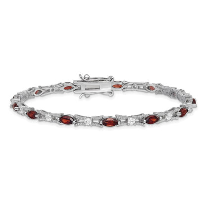 7 Inch Sterling Silver Rhodium-Plated Garnet And Cz Bracelet