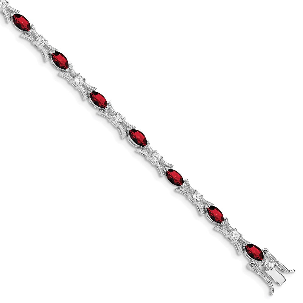 7 Inch Sterling Silver Rhodium-Plated Garnet And Cz Bracelet