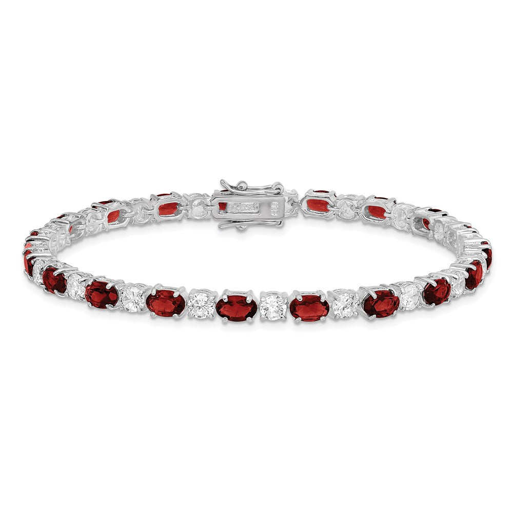 7 Inch Sterling Silver Rhodium-Plated Garnet And Cz Bracelet
