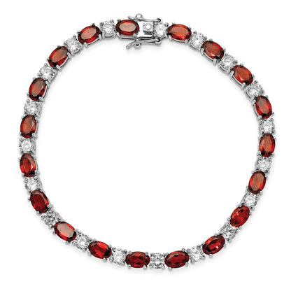 7 Inch Sterling Silver Rhodium-Plated Garnet And Cz Bracelet