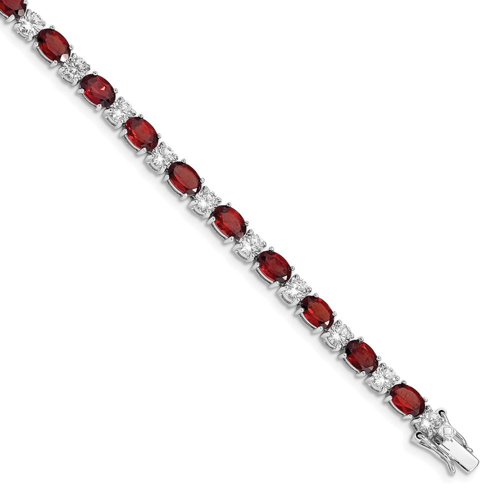 7 Inch Sterling Silver Rhodium-Plated Garnet And Cz Bracelet