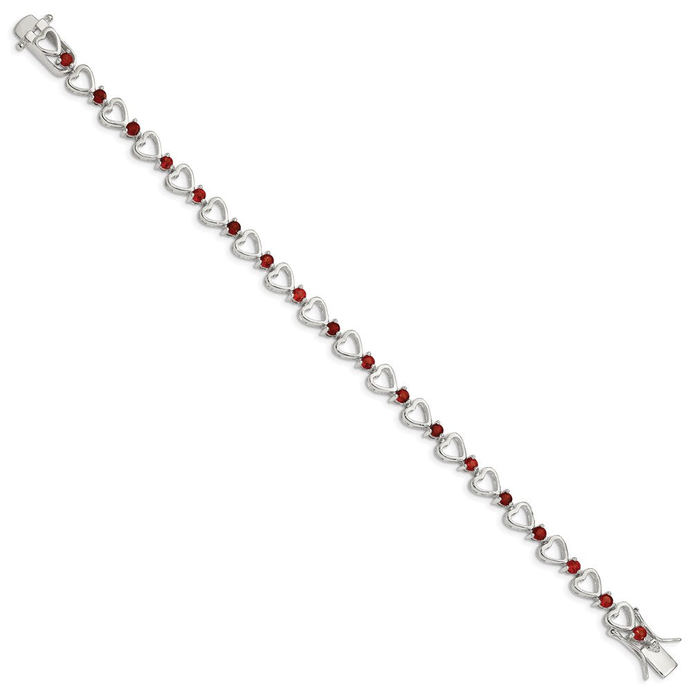 7 Inch Sterling Silver Rhodium-Plated Garnet Heart Bracelet