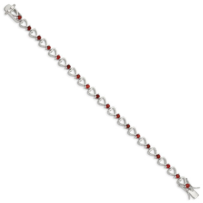 7 Inch Sterling Silver Rhodium-Plated Garnet Heart Bracelet