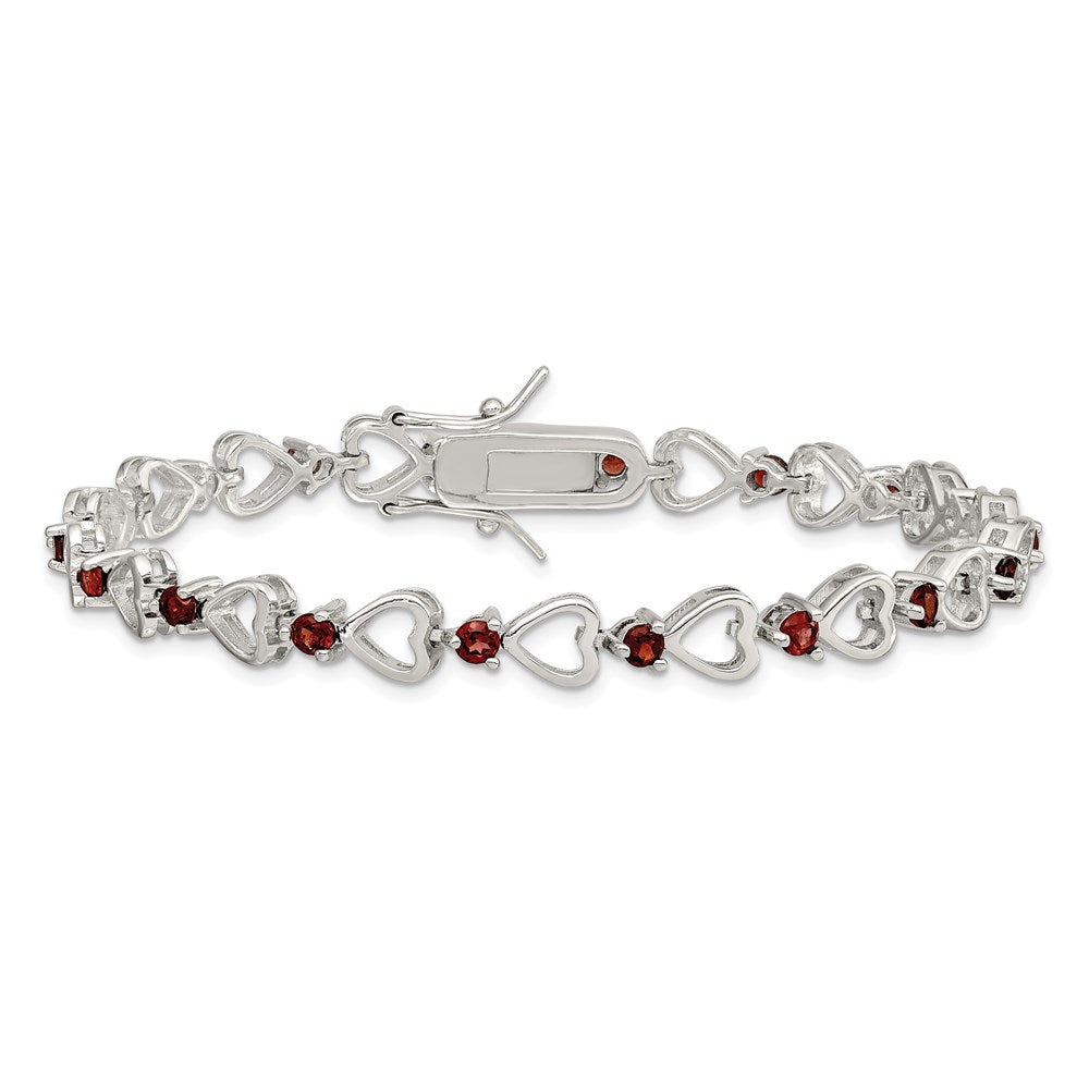7 Inch Sterling Silver Rhodium-Plated Garnet Heart Bracelet