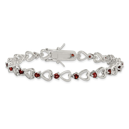 7 Inch Sterling Silver Rhodium-Plated Garnet Heart Bracelet