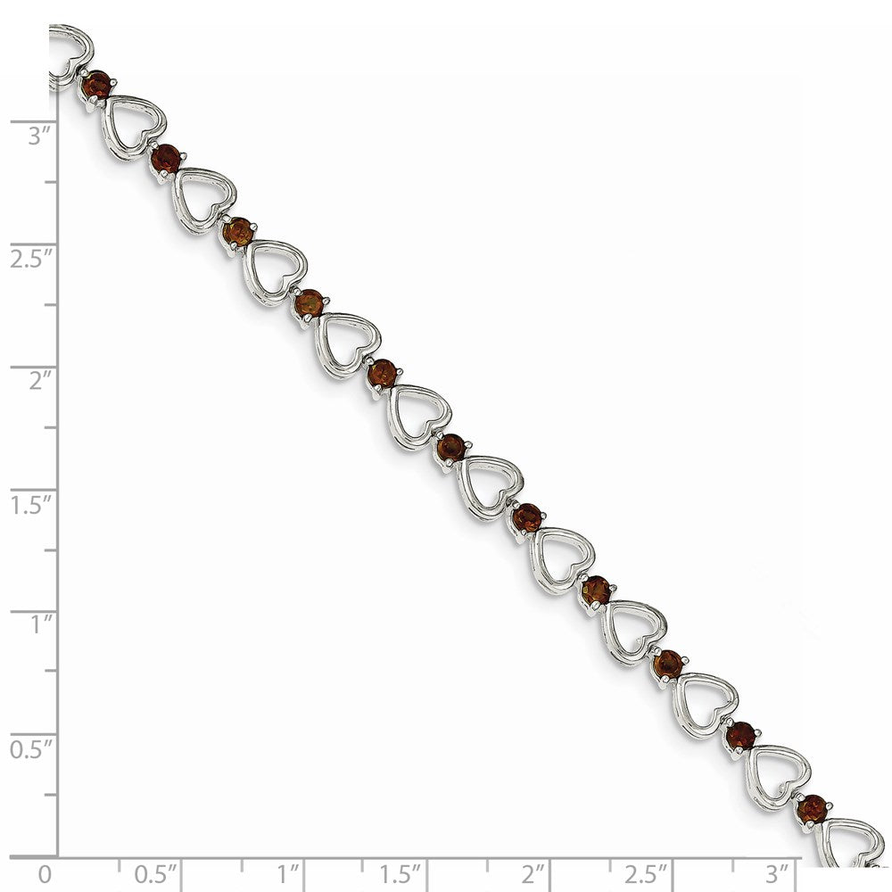 7 Inch Sterling Silver Rhodium-Plated Garnet Heart Bracelet
