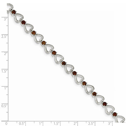 7 Inch Sterling Silver Rhodium-Plated Garnet Heart Bracelet