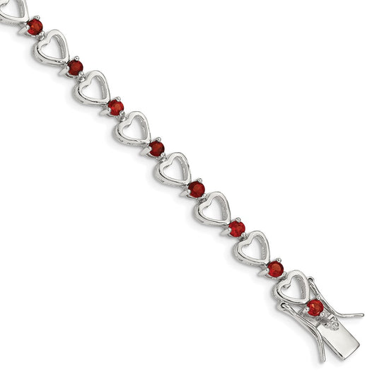 7 Inch Sterling Silver Rhodium-Plated Garnet Heart Bracelet