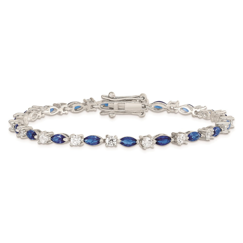 7.75 Inch Sterling Silver Rhodium-Plated Blue And Clear Cz Bracelet