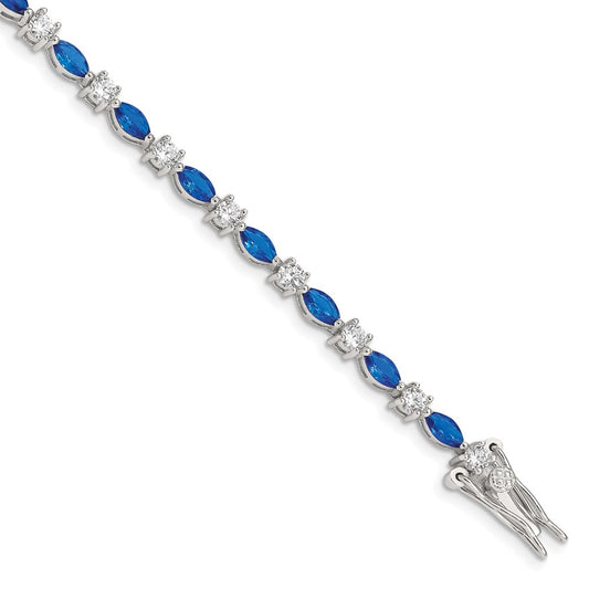 7.75 Inch Sterling Silver Rhodium-Plated Blue And Clear Cz Bracelet